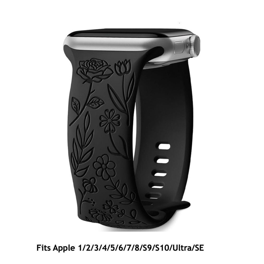 Apple iWatch Compatible Etched Rose Floral Silicone Watch Band 42/44/45/49mm